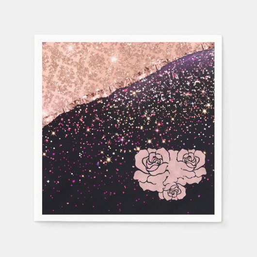 Glam Roze Zwarte Glitter Blush Rozen Servet (Voorkant)