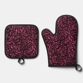 Glam roze zwarte luipaard afdrukken ovenwant & pannenlap set