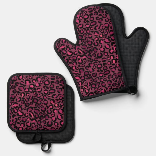 Glam roze zwarte luipaard afdrukken ovenwant & pannenlap set (Voorkant / Achterkant)