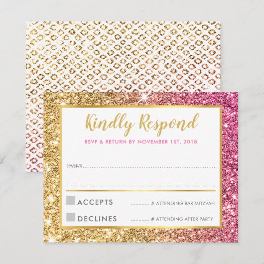 GLAM RSVP RESPONSE cool luxe roze gouden glitter Kaart (Voorkant / Achterkant)