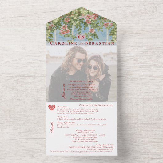 Glam rustieke boog Roos tuin foto overlay bruiloft All In One Uitnodiging (Binnen)