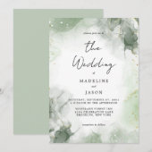 Glam Sage Green Waterverf Gold Fluid Ink Weddensch Kaart (Voorkant / Achterkant)