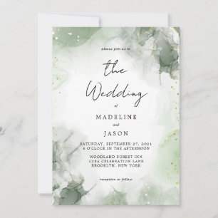 Glam Sage Green Waterverf Gold Fluid Ink Weddensch Kaart