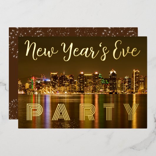 Glam San Diego NYE Party Custom Gold Folie Uitnodiging (Voorkant / Achterkant)
