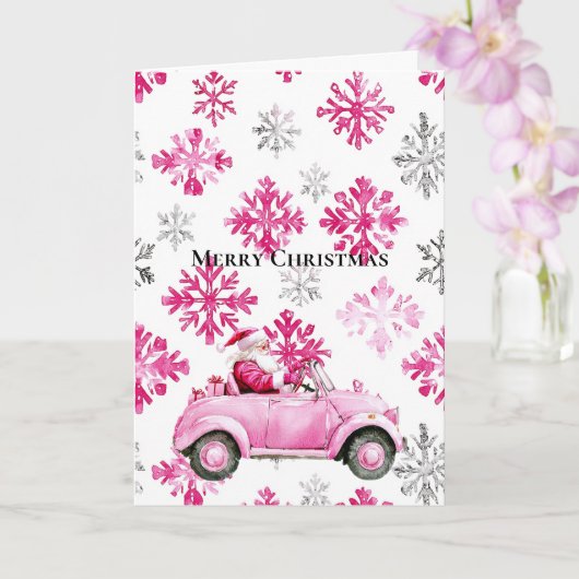 Glam Santa Pink Car Christmas Snowflakes Kaart (Orchidee)