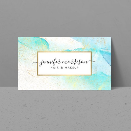 Glam Script Aqua Blue Waterverf Faux Gold Dust Visitekaartje