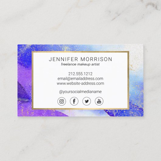 Glam Script Bright Blue Waterverf Faux Gold Dust Visitekaartje (Achterkant)