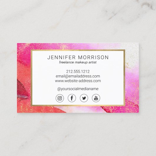 Glam Script Bright roze Waterverf Faux Gold Dust Visitekaartje (Achterkant)