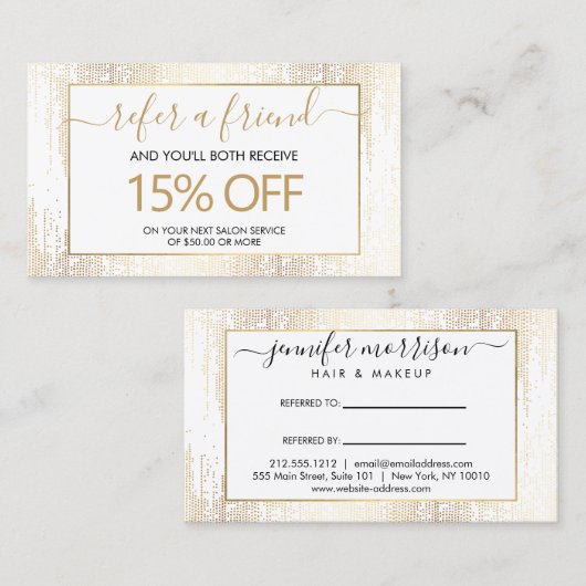 Glam Script Gold Confetti Rain Reference Visitekaartje (Voorkant / Achterkant)
