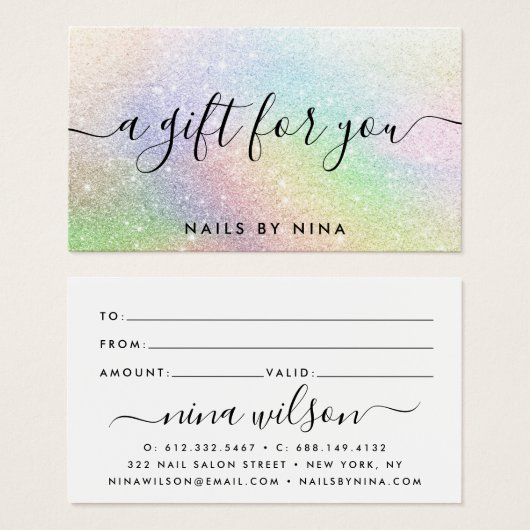 Glam script holografische rainbooglitter gift visitekaartje (Voorkant /achterkant)