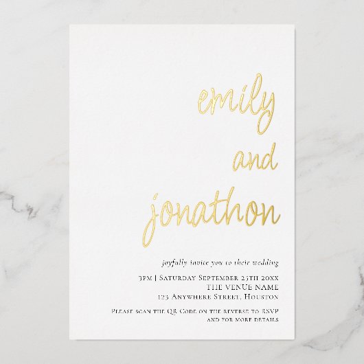 Glam Script Namen QR Code Huwelijk Luxe Echt Folie Uitnodiging (Voorkant)