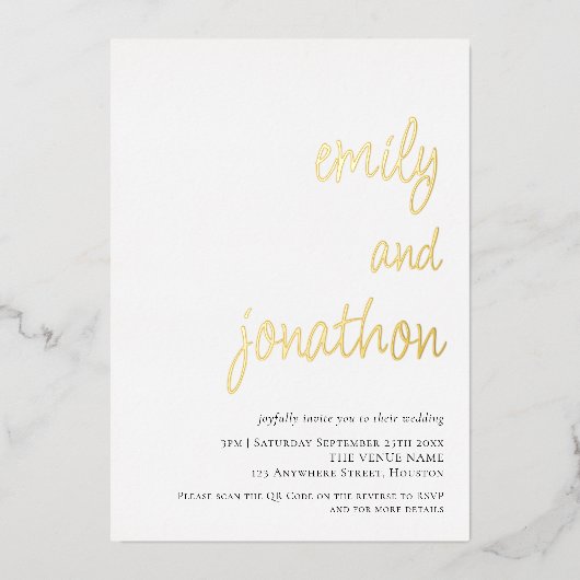 Glam Script Namen QR Code Trouw Luxe Echt Folie Uitnodiging (Voorkant)