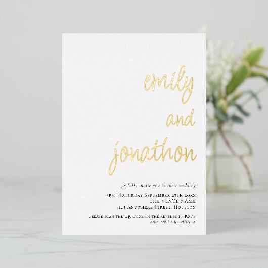 Glam Script Namen QR Code Trouw Luxe Echt Folie Uitnodiging (Staand Voorkant)