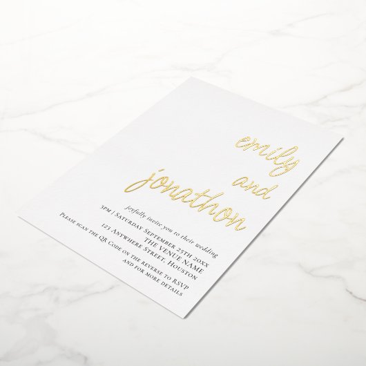 Glam Script Namen QR Code Trouw Luxe Echt Folie Uitnodiging (Gedraaid)