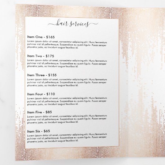 Glam Script Roos Gold Confetti Rain Brochure Drieluik Kaart (Binnenzijde eerst)