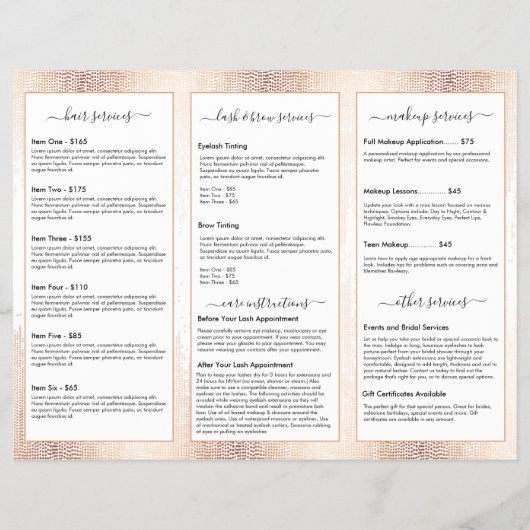 Glam Script Rose Goud Confetti Regen Drie-Voudig Flyer (Achterkant)