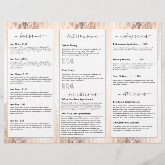 Glam Script Rose Goud Confetti Regen Tri-Fold Flyer (Achterkant)