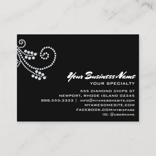 ** Glam Scroll Diamonds Black Glitter Luxe Bling Visitekaartje (Achterkant)