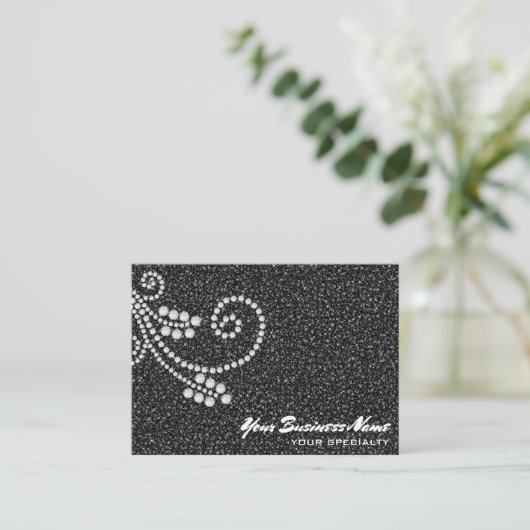** Glam Scroll Diamonds Black Glitter Luxe Bling Visitekaartje (Staand voorkant)