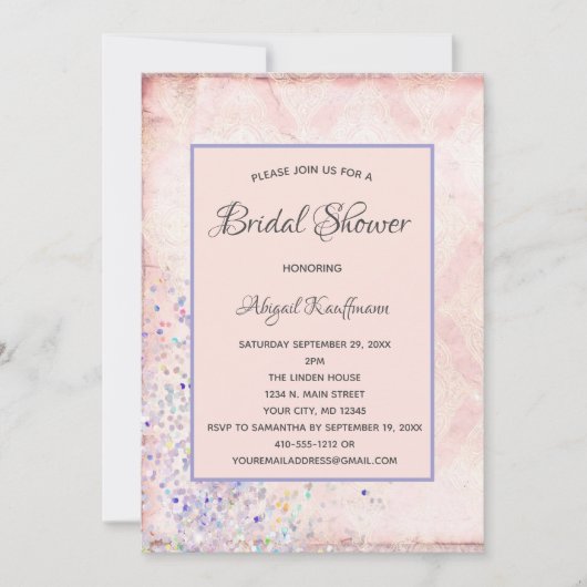Glam Shabby Chic Pink White Paars Sparkles Bridal Kaart (Voorkant)