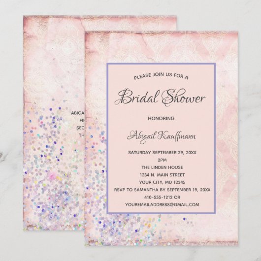 Glam Shabby Chic Pink White Paars Sparkles Bridal Kaart (Voorkant / Achterkant)