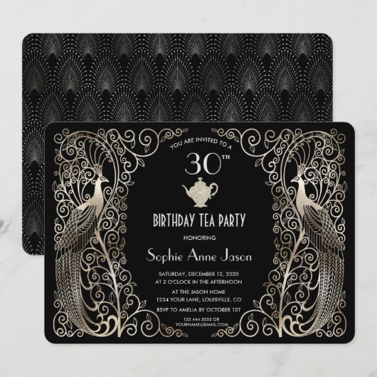 Glam Silver Art Deco Peacocks Birthday Tea Kaart (Voorkant / Achterkant)