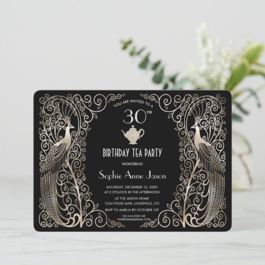 Glam Silver Art Deco Peacocks Birthday Tea Kaart (Staand voorkant)