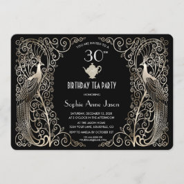 Glam Silver Art Deco Peacocks Birthday Tea Kaart
