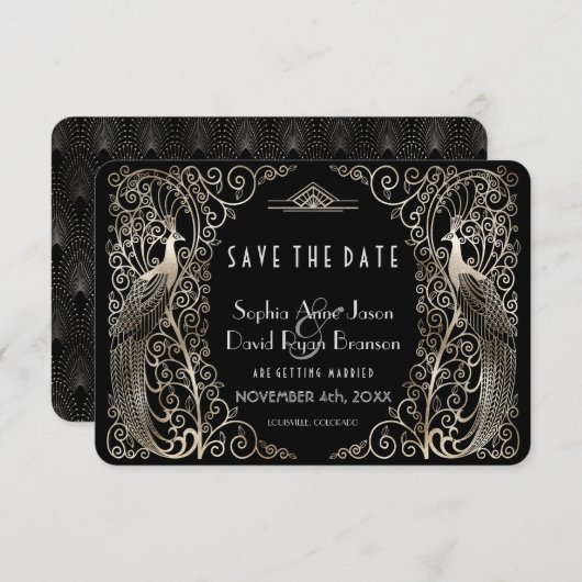 Glam Silver Art Deco Peacocks sparen de datum Save The Date (Voorkant / Achterkant)