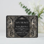 Glam Silver Art Deco Peacocks sparen de datum Save The Date (Staand voorkant)
