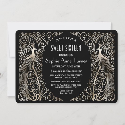 Glam Silver Art Deco Peacocks Sweet Sixteen Kaart (Voorkant)