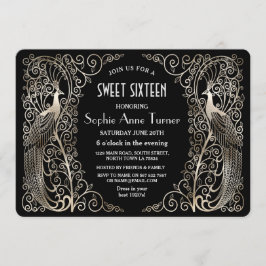 Glam Silver Art Deco Peacocks Sweet Sixteen Kaart