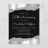 Glam Silver Black 25th Anniversary Invitation Briefkaart (Voorkant)
