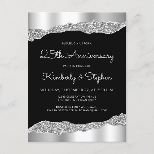 Glam Silver Black 25th Anniversary Invitation Briefkaart (Voorkant)