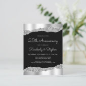 Glam Silver Black 25th Anniversary Invitation Briefkaart (Staand voorkant)