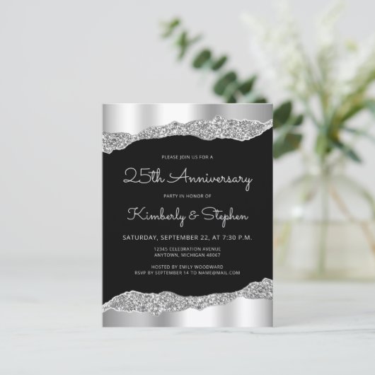 Glam Silver Black 25th Anniversary Invitation Briefkaart (Staand voorkant)