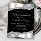 Glam Silver Black 25th Anniversary Invitation Briefkaart