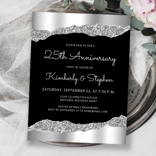 Glam Silver Black 25th Anniversary Invitation Briefkaart