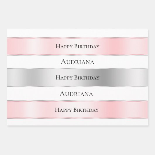 Glam Silver Blush Pink Ribbon Verjaardag Inpakpapier Vel (Voorkant)