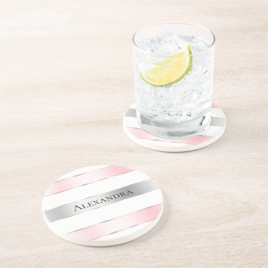 Glam Silver Blush Pink Ribbon Verjaardag Zandsteen Onderzetter (Zijkant)