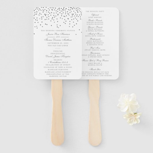 Glam Silver Confetti huwelijksprogramma Handwaaier (Voorkant en achterkant)