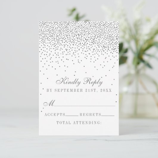  Glam Silver Confetti Wedding RSVP Kaartje (Staand voorkant)