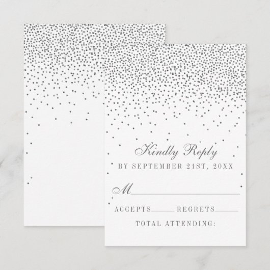  Glam Silver Confetti Wedding RSVP Kaartje (Voorkant / Achterkant)