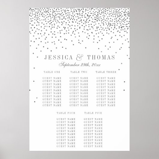 Glam Silver Confetti Wedding Seding Chart Poster (Voorkant)