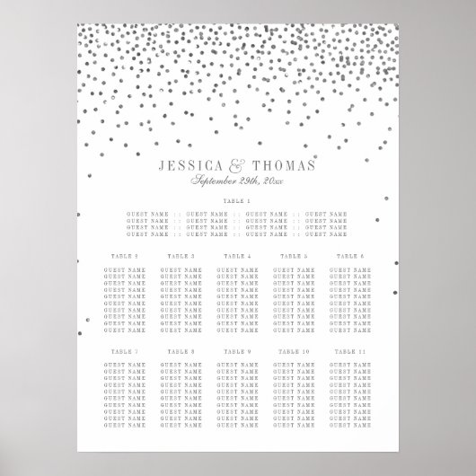  Glam Silver Confetti Wedding Seding Chart Poster (Voorkant)