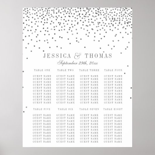 Glam Silver Confetti Wedding Seding Chart Poster (Voorkant)