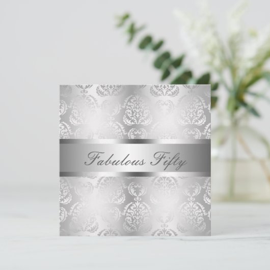 Glam Silver Damask Elegant Fabulous 50 Kaart (Staand voorkant)