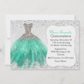 Glam Silver en Blauwgroen Gown Quinceañera Uitnodi Kaart (Voorkant)