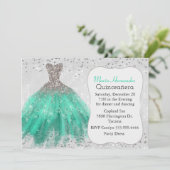 Glam Silver en Blauwgroen Gown Quinceañera Uitnodi Kaart (Staand voorkant)