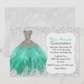 Glam Silver en Blauwgroen Gown Quinceañera Uitnodi Kaart (Voorkant / Achterkant)